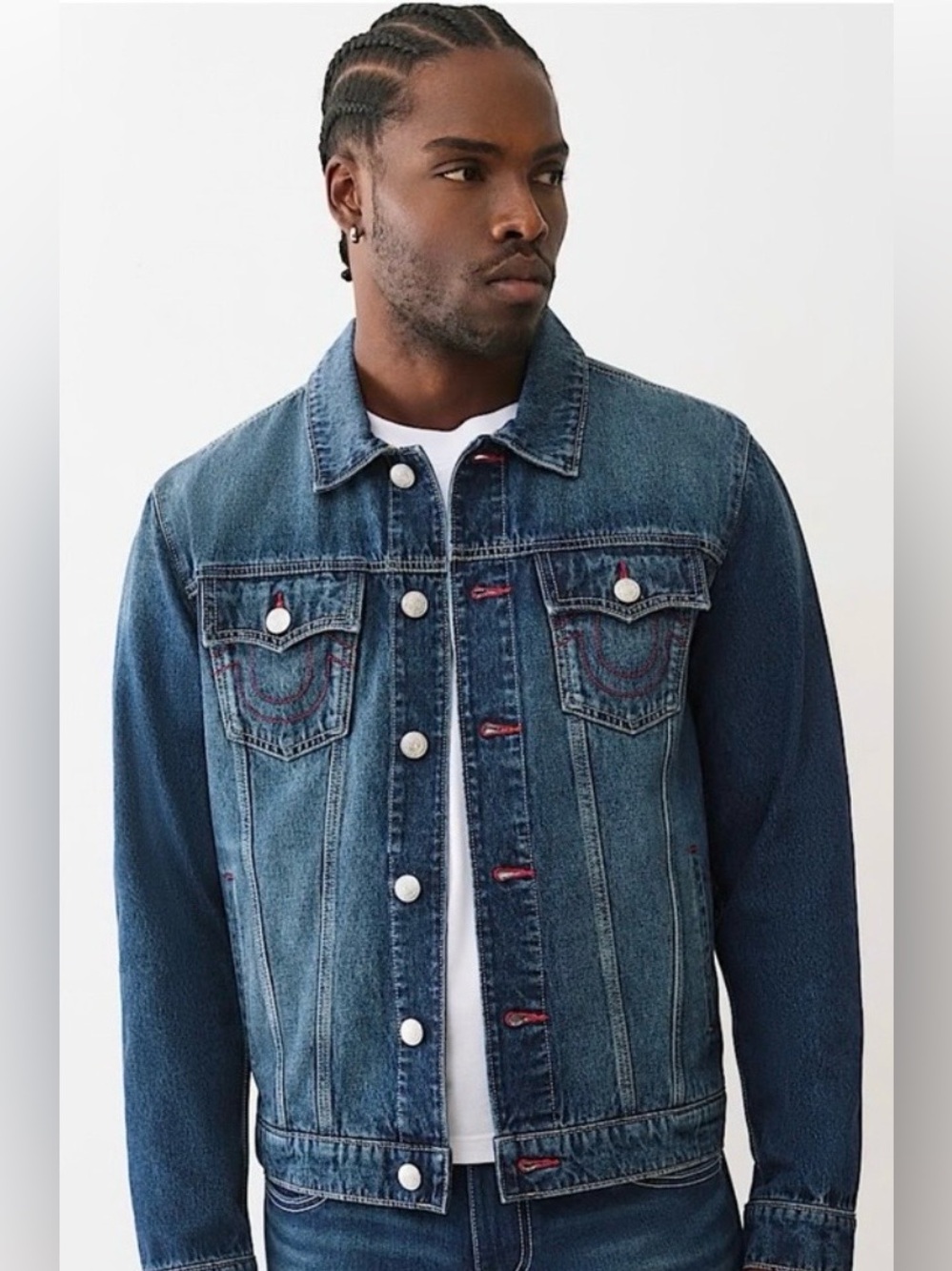 True Religion Men's Denim Red Stitched Trucker's
Jacket Size X-Large NWT